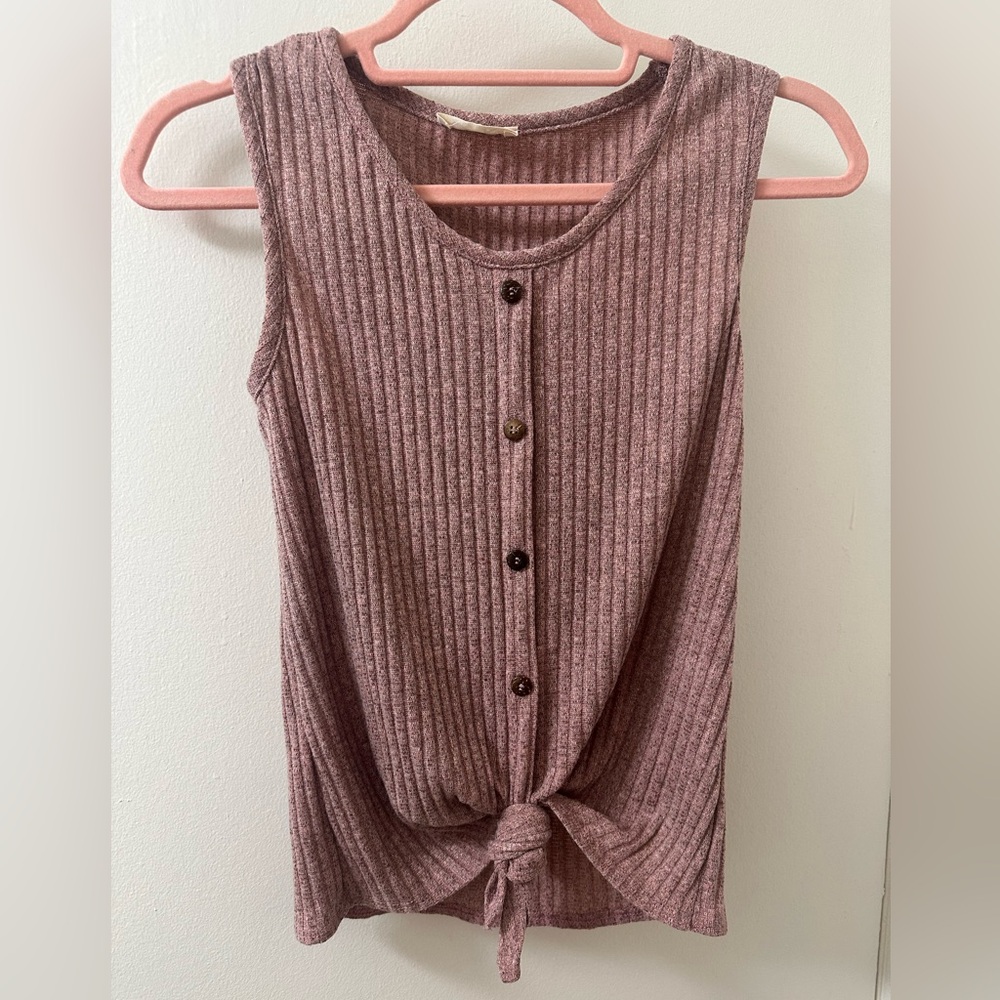 Olivia Rae Mauve Pink Ribbed Button Up Tie Knot Tank Cardigan, Small